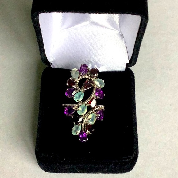 Natural Chalcedony Amethyst & Garnet gemstone sterling statement ring size 6.75 - Picture 1 of 6